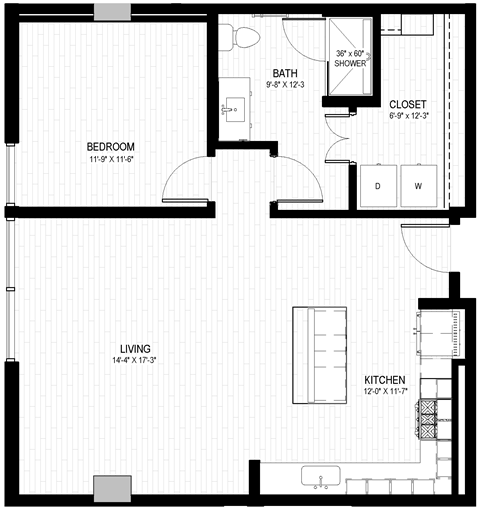 Floor plan for 1 bed, 1 bath, 898 sqft